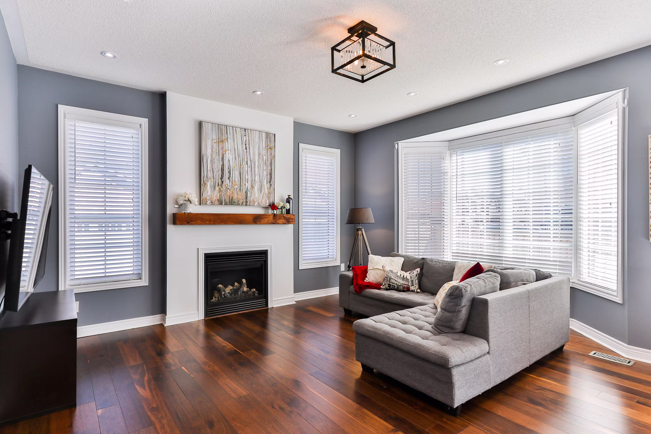 Cozy living room with gray walls and fireplace