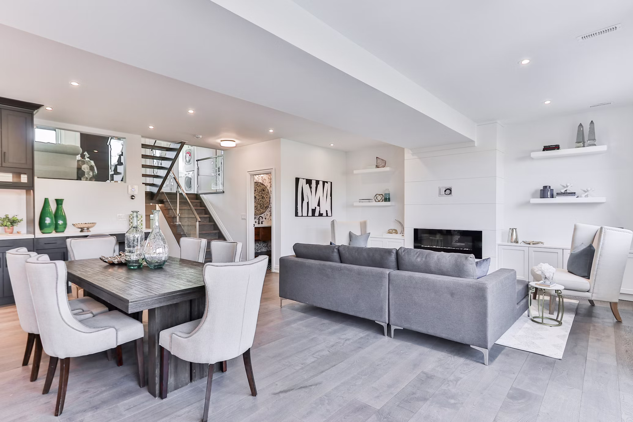 Open-concept renovated living and dining space