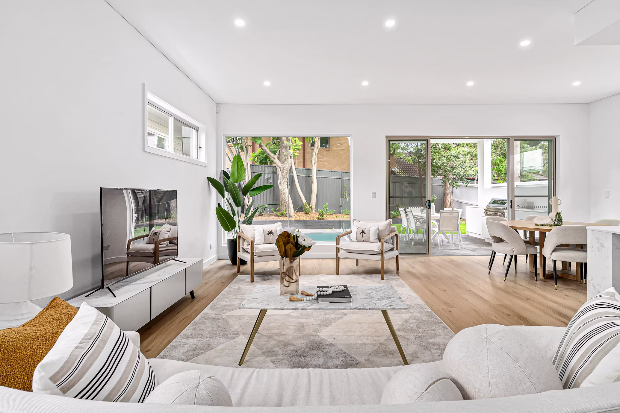 Bright renovated living room with refined finishes